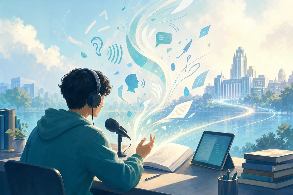 Student practising TOEFL listening and speaking as a bright path leads toward a university