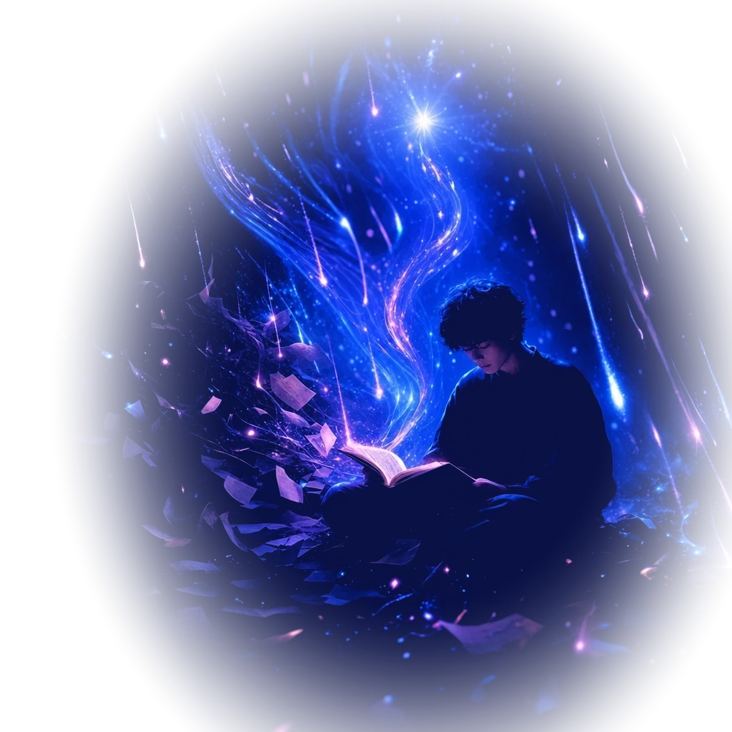 A learner reading as dense study material lights up and rises toward a star