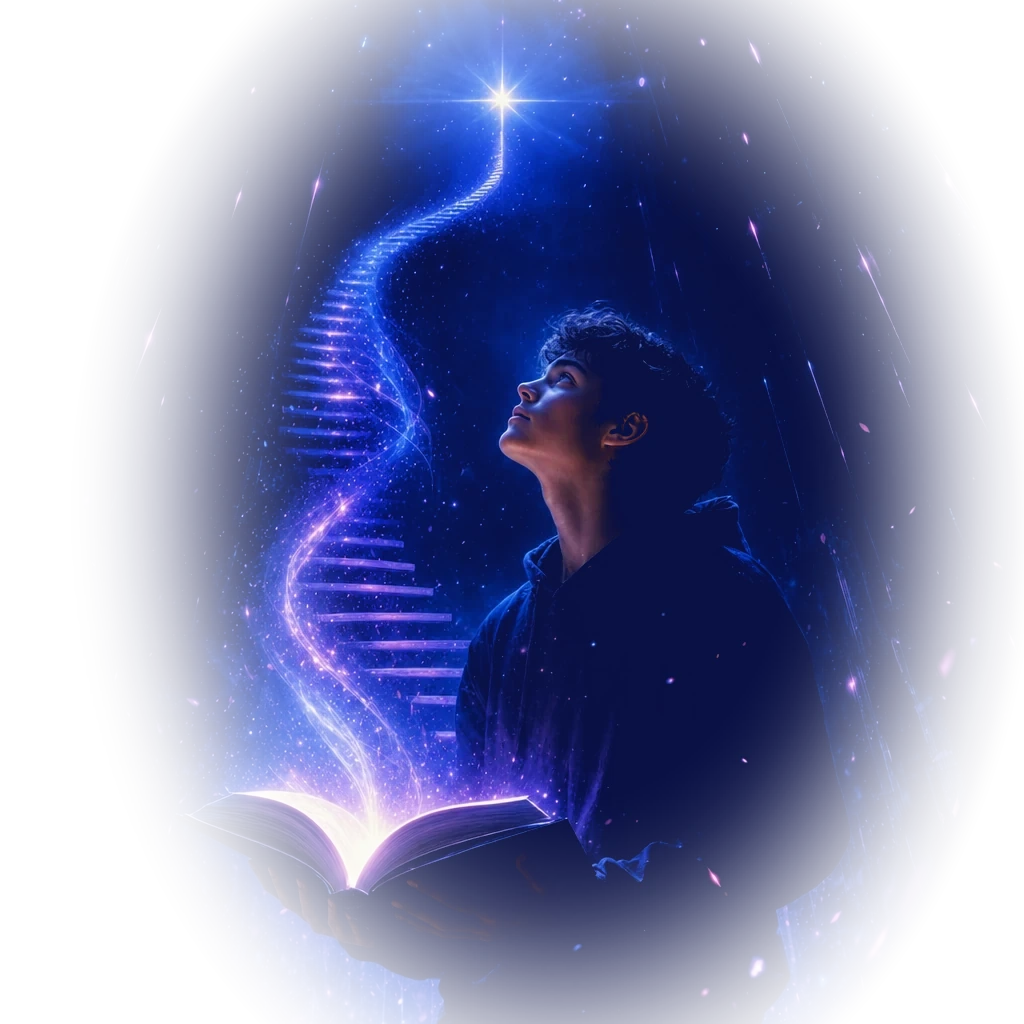 A learner looking up as light from an open book forms a staircase rising to a bright star